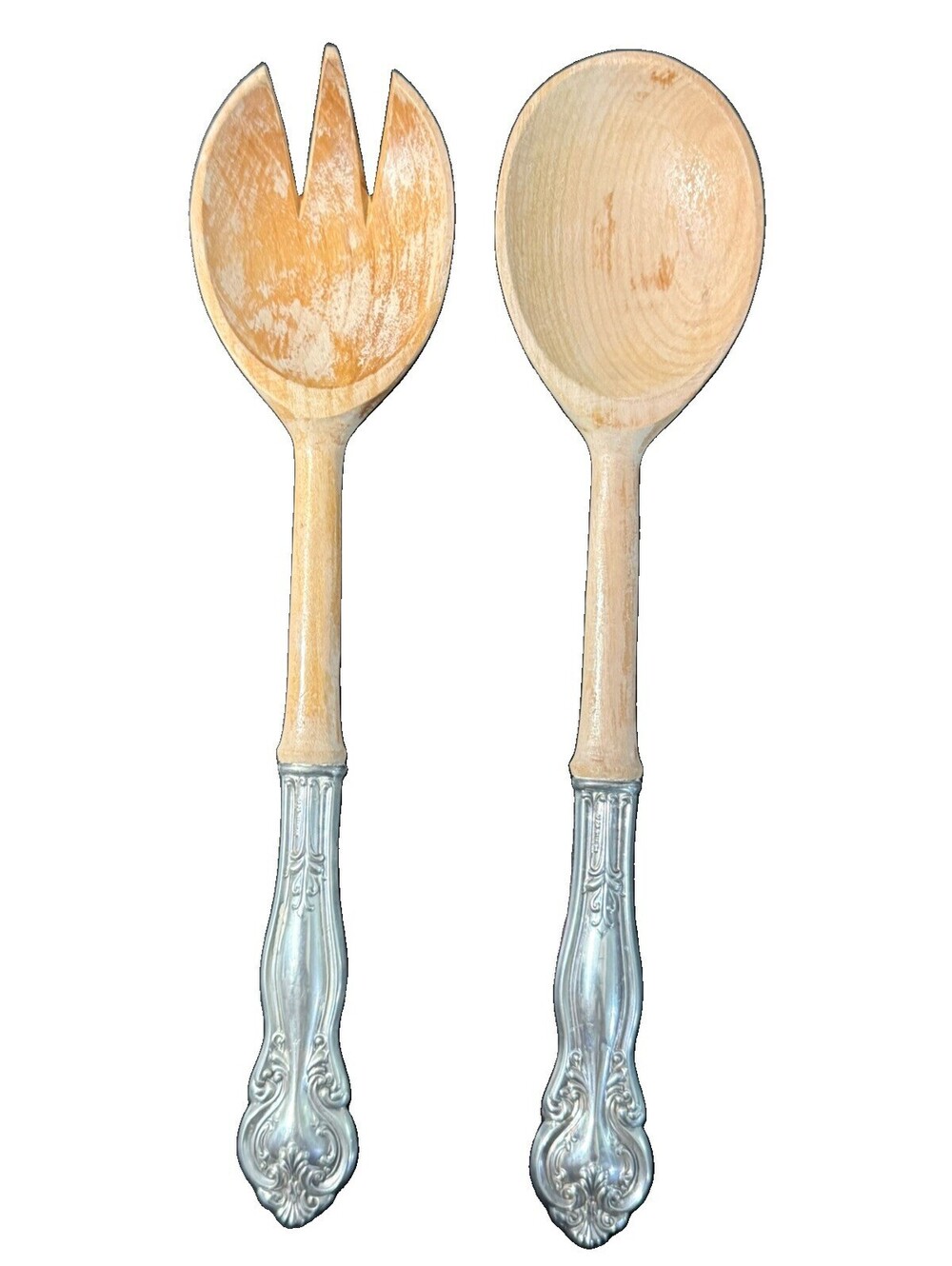 Frank Whiting FWS3 Sterling Silver Handle Wood Salad Serving Set 2pc 10 1/4”